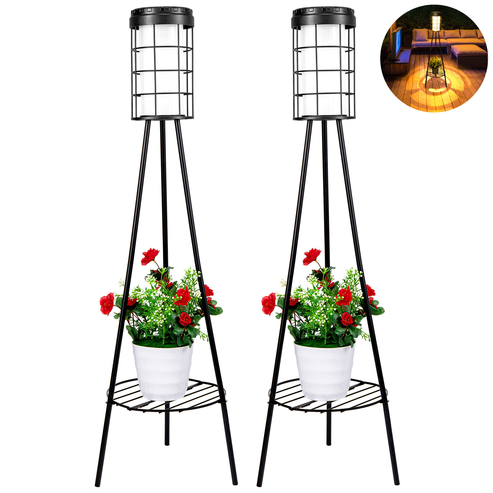 JSOT 2 Pack Solar Lights with Plant Stand, Outdoor Waterproof Flower Shelf Lamp for Patio Porch Deck Yard Garden Decor