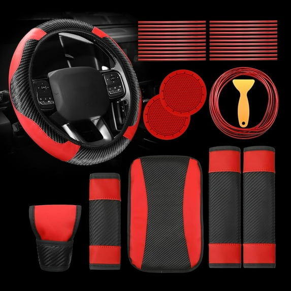 JSOT 30PCS Car Accessories PU Leather Steering Wheel Cover Set, Car Accessories Gift for Women, Car Vent Trim Strips Air Conditioner Insert Strips Handbrake Cup Holder Cover, Red