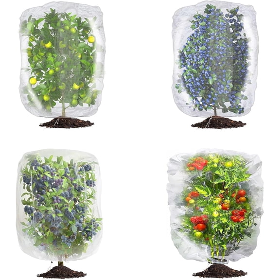 JSOT 4 Pack 3.5 x 2.3 Ft Garden Plant Netting Covers Bags with Drawstring & Zipper, Fruits Blueberry Bushes Protection Insect and Bird Prevention Protective Cover Netting Barrier for Vegetables Tree