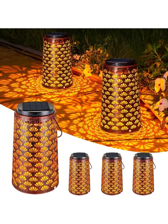 4 Pack Outdoor Solar Hanging Lantern Lights Metal LED Decorative Light for Garden Patio Yard Lawn and Tabletop with Hollowed-Out Design