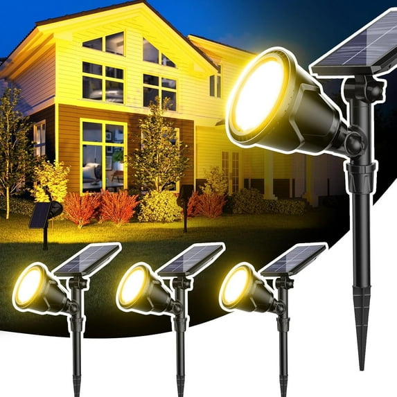 JSOT 4 Pack Solar Spot Lights Outdoor, 600lm Solar Flood Lights, LED Solar Landscape Spotlights for Garden Walkway Yard Porch, Driveway, Pathway, Lawn, Pool, Warm Light