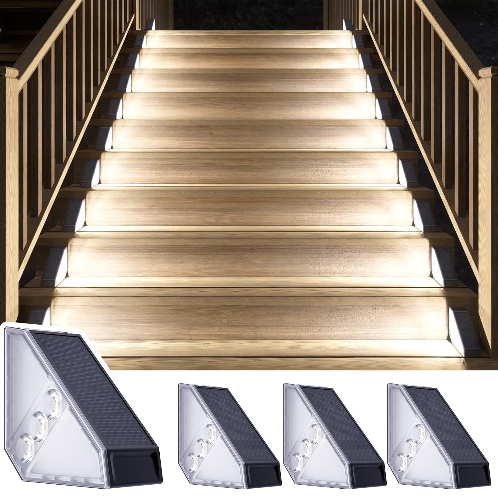 JSOT 4PCS Solar Stair Lights, Deck Lights, Solar Powered Outdoor Lights, Christmas Light for Backyard, Courtyard, Fence, Wall, White Light
