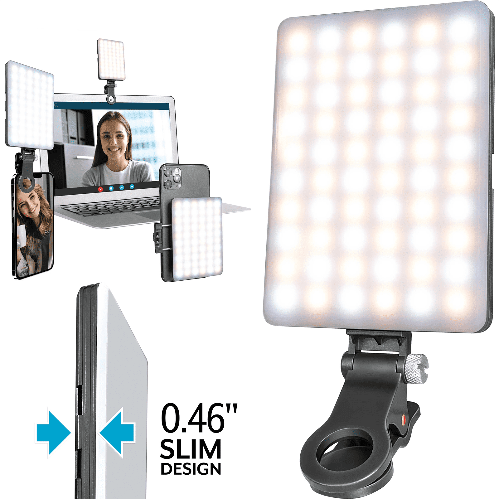 JSOT 60 LED Clip-on Selfie Light, 3 Colors 10 Brightness Levels LED Light with Front & Back Clip, Rechargeable Clip Fill-in Light for Streaming, Makeup, Video Conference