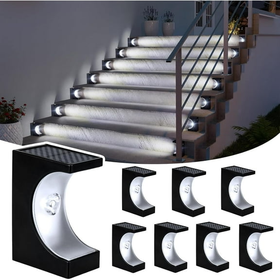 JSOT 8 Pack Solar Stair Lights, Deck Lights, Solar Powered Outdoor Lights, Christmas Solar Lights for Patio, Porch, Garden, Courtyard, White Light
