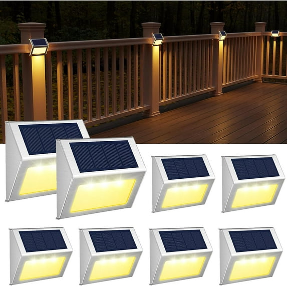 JSOT 8PCS Solar Deck Lights, Solar Stair Lights, Solar Powered Outdoor Lights for Wall Step Walkway Garden, Warm White Light