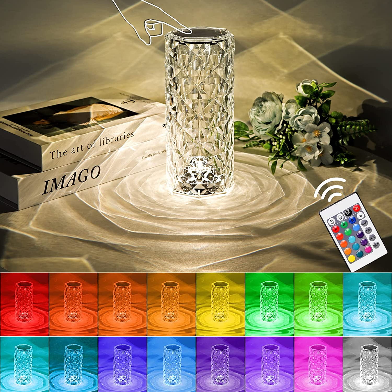 JSOT Crystal Table Lamp, RGB 16 Colors Changing Crystal Rose Night Light, Romantic LED Rose Diamond Touch Lamps for Bedroom\u0026Living Room, Remote \u0026 Touch