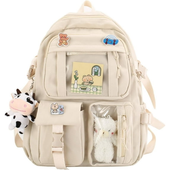 JSOT Cute Backpack with Aesthetic Pin Accessories, Lightweight Casual Daypack with Plush Pendant, Super-Capacity Waterproof Travel Backpack, Beige