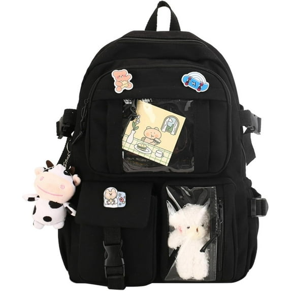 JSOT Cute Backpack with Aesthetic Pin Accessories, Lightweight Casual Daypack with Plush Pendant, Super-Capacity Waterproof Travel Backpack, Black