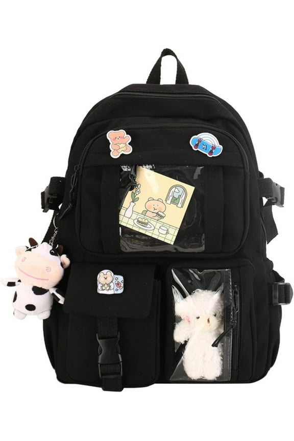Cute Backpack with Aesthetic Pin Accessories, Lightweight Casual Daypack with Plush Pendant, Super-Capacity Waterproof Travel Backpack, Black