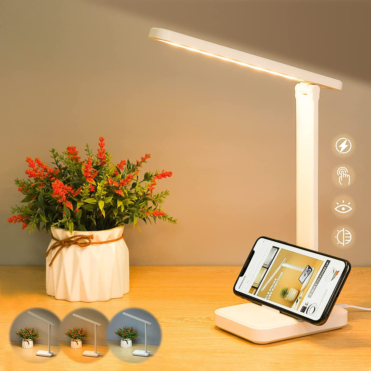 JSOT LED Desk Lamp with Phone Holder, 4000mAh Rechargeable Foldable Table Lamp, 3 Color Modes Dimmable Touch Desk Light for Home, Office, Bedroom, Reading
