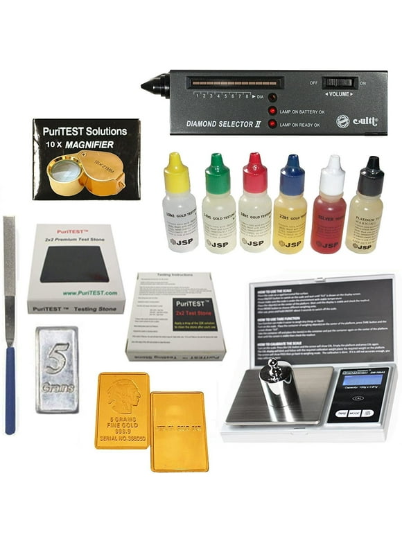 JSP Gold/silver/platinum Acid Testing Solutions + Culti Fake Diamond/gemstone Detector + New 100 X 0.01g Digital Jewelry Scale + 10x Eye Loupe + PRO Test Stone +