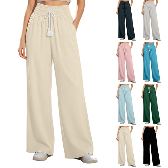 JSROAC Wide Leg Pants for Womens Smocked High Waist Dressy Casual Trousers Tie Front Solid Color Gauze Lounge Pants With Pockets Fall Fashion