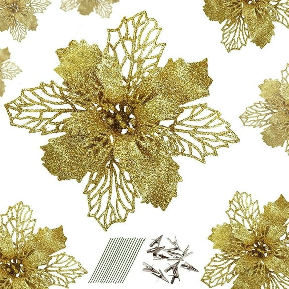 JSSH 10pcs 6.3in Glitter Artificial Christmas Flower Christmas Tree Wreaths Ornament with Clips and Stems Merry Christmas Decorations for Home Xmas Party Tree