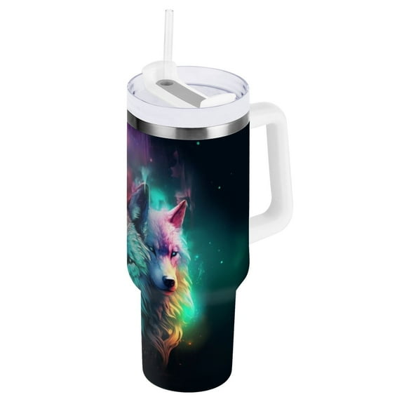 JSTEL 3 Wolves Galaxy 40 oz Tumbler Stainless Steel Water Bottle Vacuum Insulated Cup with Straw Lid & Handle For Travel Car Cup Holder