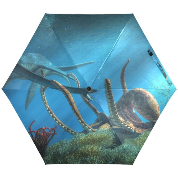 JSTEL 3d Octopus Styxosaurus Underwater Sea Animal Folding Umbrella for Rain Sun Travel Mini Lightweight Compact Umbrellas