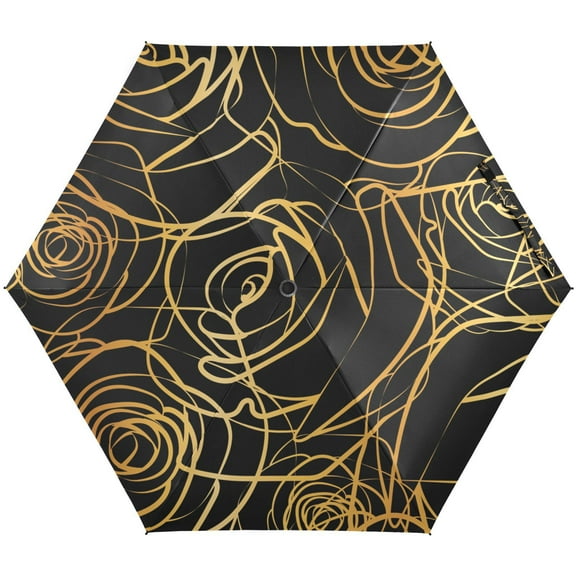 JSTEL Abstract Gold Roses Flower on Black Background Folding Umbrella for Rain Sun Travel Mini Lightweight Compact Umbrellas