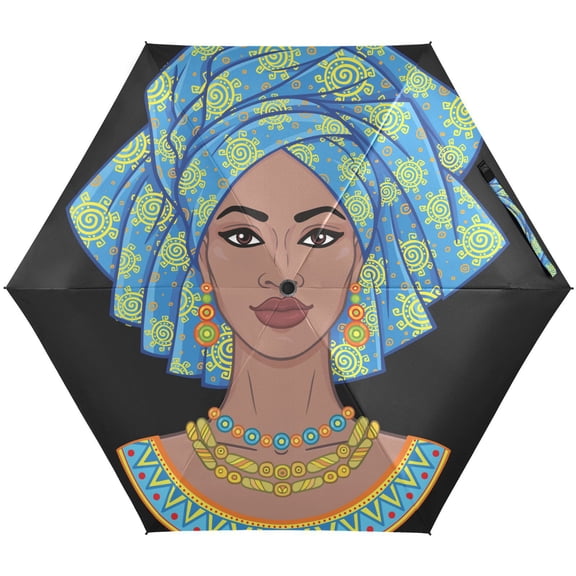 JSTEL African American Afro Ethnic Folding Umbrella for Rain Sun Travel Mini Lightweight Compact Umbrellas