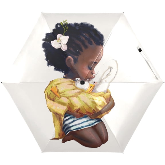 JSTEL African American Afro Girl Goose Folding Umbrella for Rain Sun Travel Mini Lightweight Compact Umbrellas