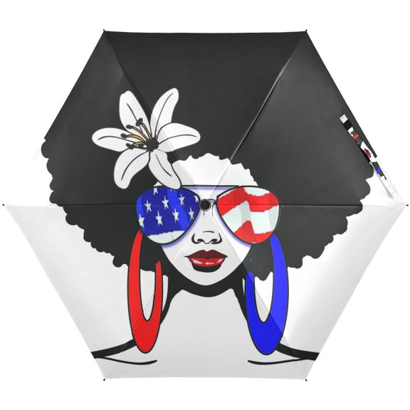 JSTEL African American Afro USA Flag Folding Umbrella for Rain Sun Travel Mini Lightweight Compact Umbrellas