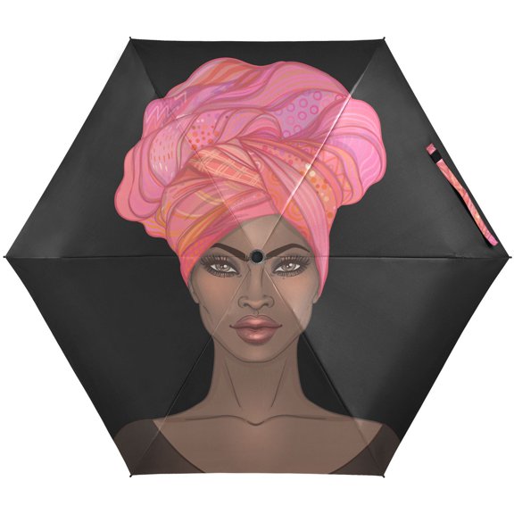 JSTEL African American Afro W/ Scarf Folding Umbrella for Rain Sun Travel Mini Lightweight Compact Umbrellas