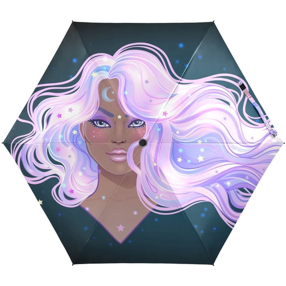 JSTEL African American Moon Star Afro Folding Umbrella for Rain Sun Travel Mini Lightweight Compact Umbrellas