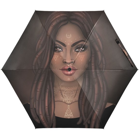 JSTEL African American Woman Afro Folding Umbrella for Rain Sun Travel Mini Lightweight Compact Umbrellas