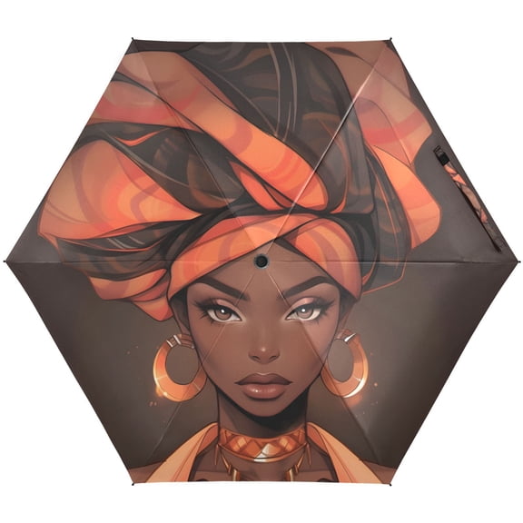 JSTEL African American Woman Afro Folding Umbrella for Rain Sun Travel Mini Lightweight Compact Umbrellas