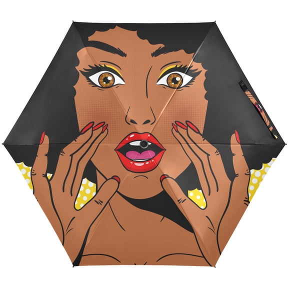 JSTEL African American Woman Afro Pop Art Folding Umbrella for Rain Sun Travel Mini Lightweight Compact Umbrellas