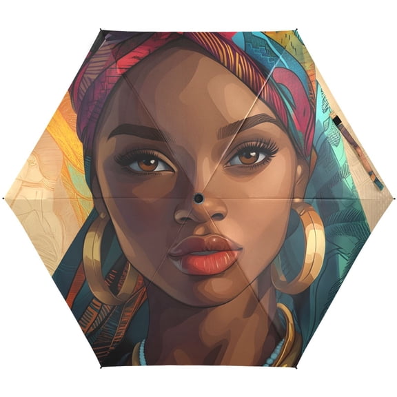 JSTEL African American Woman Ethnic Folding Umbrella for Rain Sun Travel Mini Lightweight Compact Umbrellas