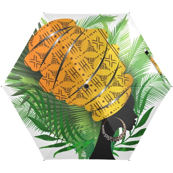 JSTEL Afro African American Palm Leaf Folding Umbrella for Rain Sun Travel Mini Lightweight Compact Umbrellas