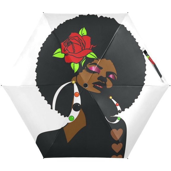 JSTEL Afro African American Rose Folding Umbrella for Rain Sun Travel Mini Lightweight Compact Umbrellas