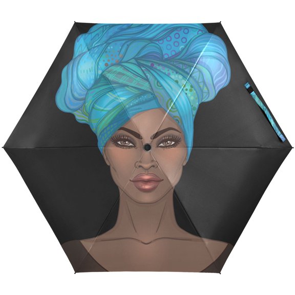 JSTEL Afro African American W/ Scarf Folding Umbrella for Rain Sun Travel Mini Lightweight Compact Umbrellas