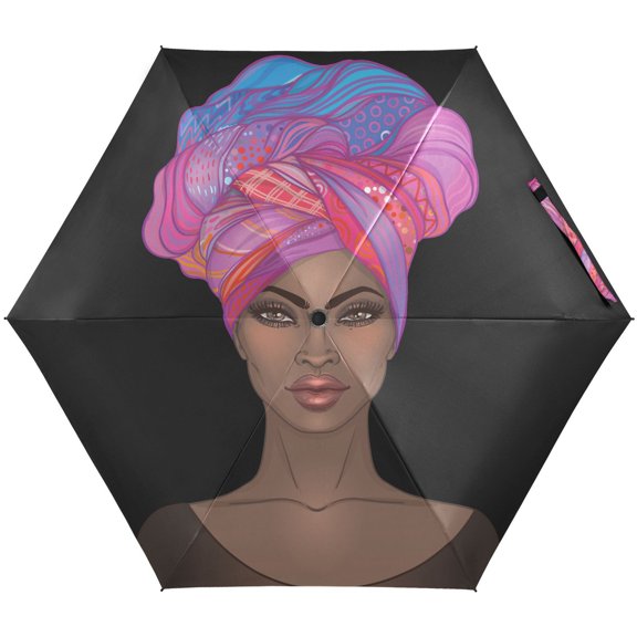 JSTEL Afro African American Women Folding Umbrella for Rain Sun Travel Mini Lightweight Compact Umbrellas