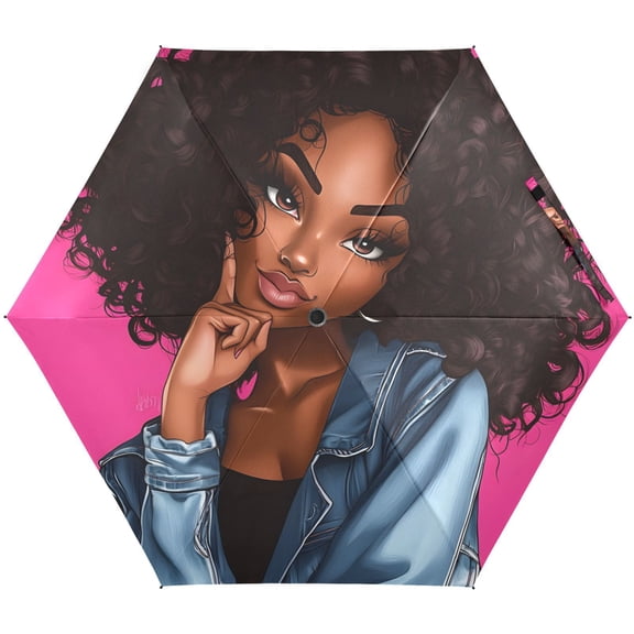 JSTEL Afro Girl Afircan American Folding Umbrella for Rain Sun Travel Mini Lightweight Compact Umbrellas