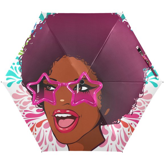 JSTEL Afro Woman African American Folding Umbrella for Rain Sun Travel Mini Lightweight Compact Umbrellas
