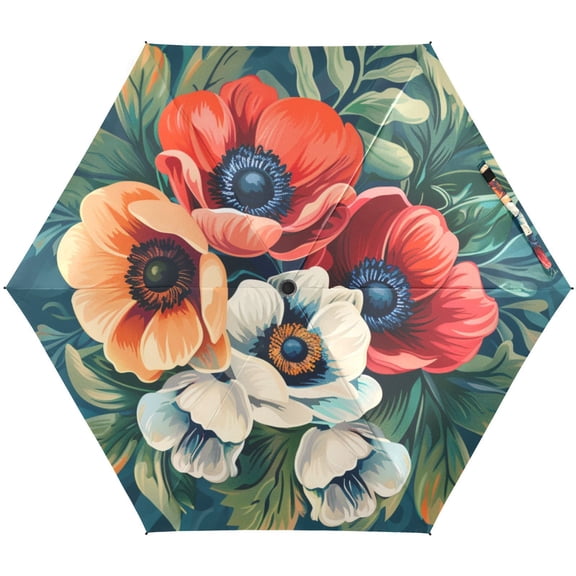 JSTEL Anemone Flower Bouquet Folding Umbrella for Rain Sun Travel Mini Lightweight Compact Umbrellas