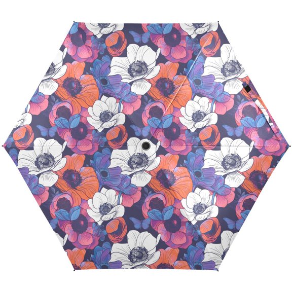 JSTEL Anemone Flower Floral Butterfly Folding Umbrella for Rain Sun Travel Mini Lightweight Compact Umbrellas