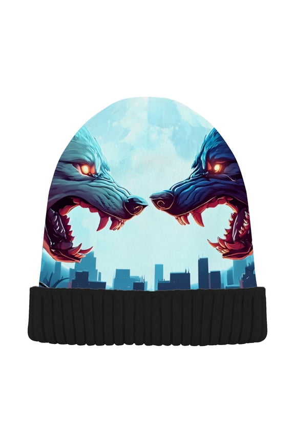 Angry Wolf Moon Skull Beanie for Women Men Winter Hat Reversible Skull Knit Cap