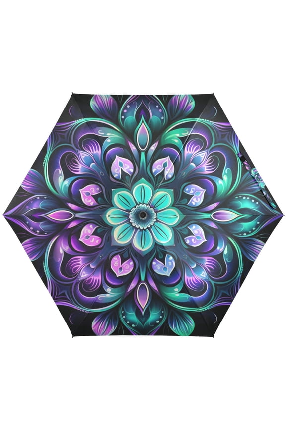 Arabesque Mandala Flower Folding Umbrella for Rain Sun Travel Mini Lightweight Compact Umbrellas