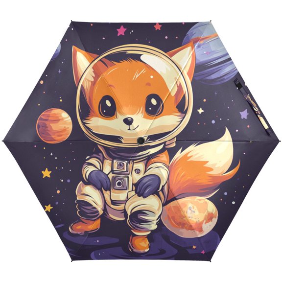 JSTEL Astronaut Fox Cartoon Folding Umbrella for Rain Sun Travel Mini Lightweight Compact Umbrellas