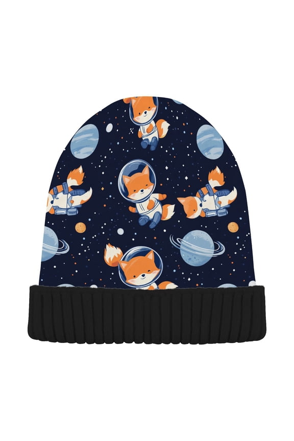 Astronaut Fox Planet Beanie for Women Men Winter Hat Reversible Skull Knit Cap