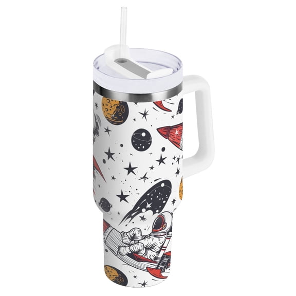 JSTEL Astronaut Rocket Stars 30 oz Tumbler Stainless Steel Water Bottle Vacuum Insulated Cup with Straw Lid & Handle For Travel Car Cup Holder
