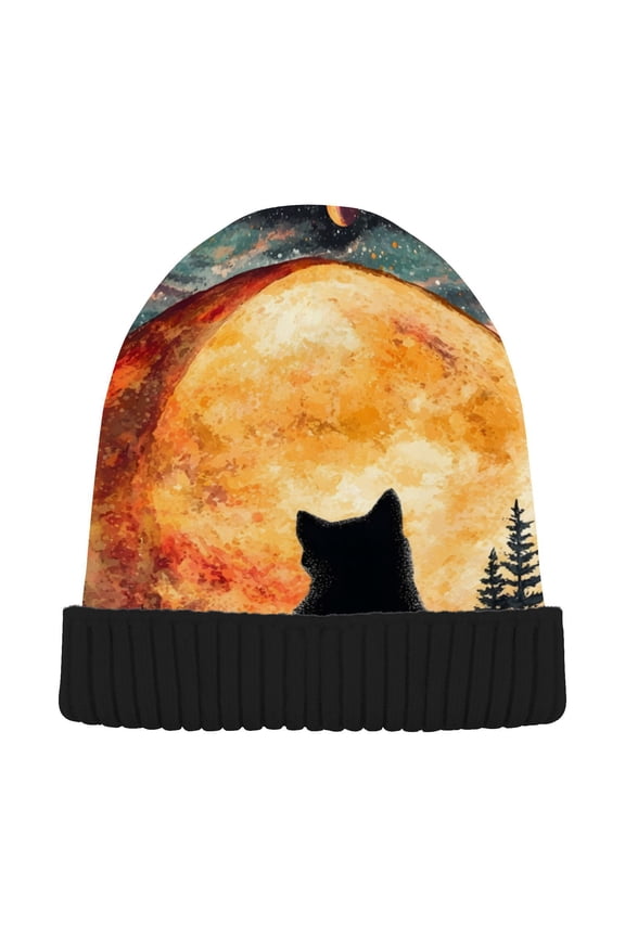 Black Cat Moon Witch Beanie for Women Men Winter Hat Reversible Skull Knit Cap