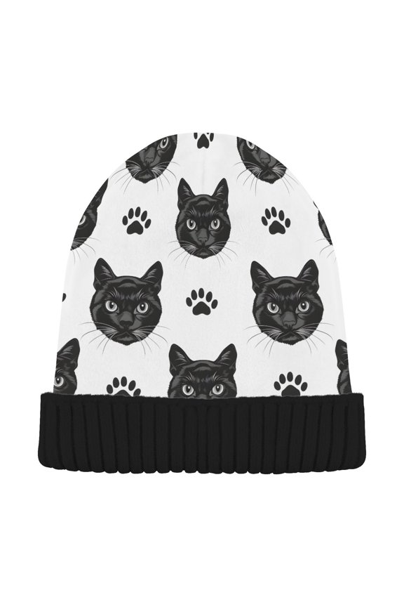 Black Cats and Paw Prints Pattern Beanie for Women Men Winter Hat Reversible Skull Knit Cap
