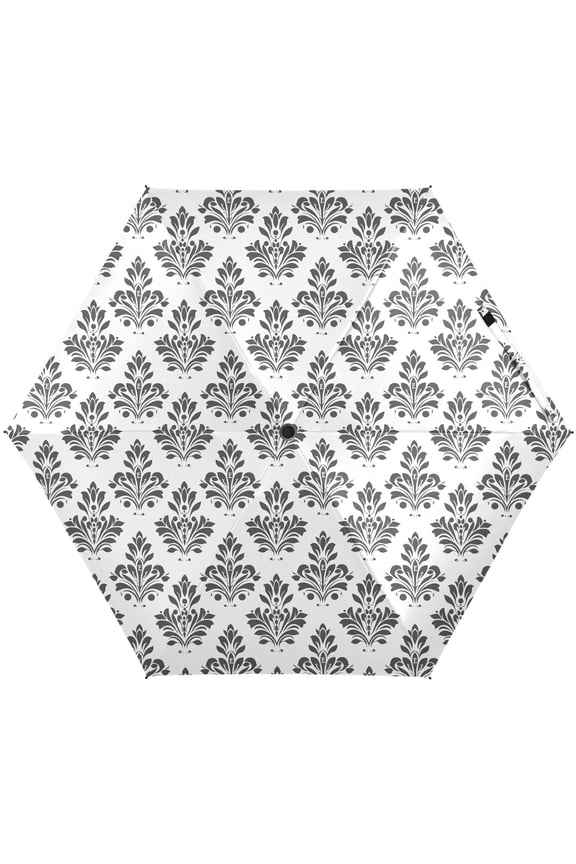 Black Damask Floral Folding Umbrella for Rain Sun Travel Mini Lightweight Compact Umbrellas
