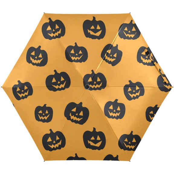 JSTEL Black Pumpkin Silhouette Pattern Folding Umbrella for Rain Sun Travel Mini Lightweight Compact Umbrellas