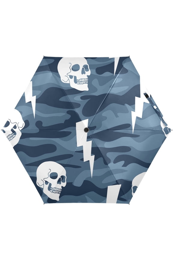 Blue Camouflage Skull and Lightning Folding Umbrella for Rain Sun Travel Mini Lightweight Compact Umbrellas