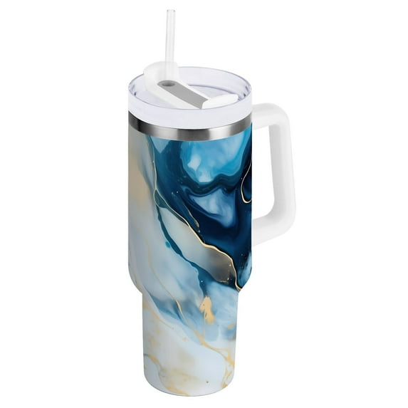 JSTEL Blue & White Marble 30 oz Tumbler Stainless Steel Water Bottle Vacuum Insulated Cup with Straw Lid & Handle For Travel Car Cup Holder