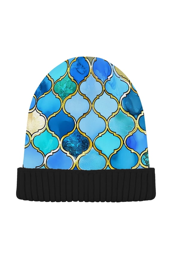 Blue & Gold Moroccan Beanie for Women Men Winter Hat Reversible Skull Knit Cap
