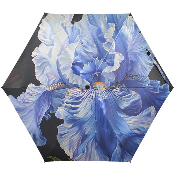 JSTEL Blue Iris Flower Painting Folding Umbrella for Rain Sun Travel Mini Lightweight Compact Umbrellas